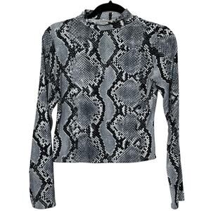 Olivia Rae Snakeskin Long Sleeve Top Blouse‎ Mock Neck Gray Black White Large